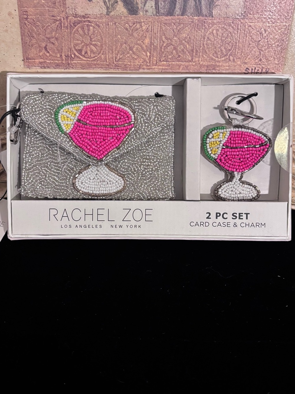 Rachel Zoe Silver Beaded Card Case & Charm with Pink and Green Cocktail Motif